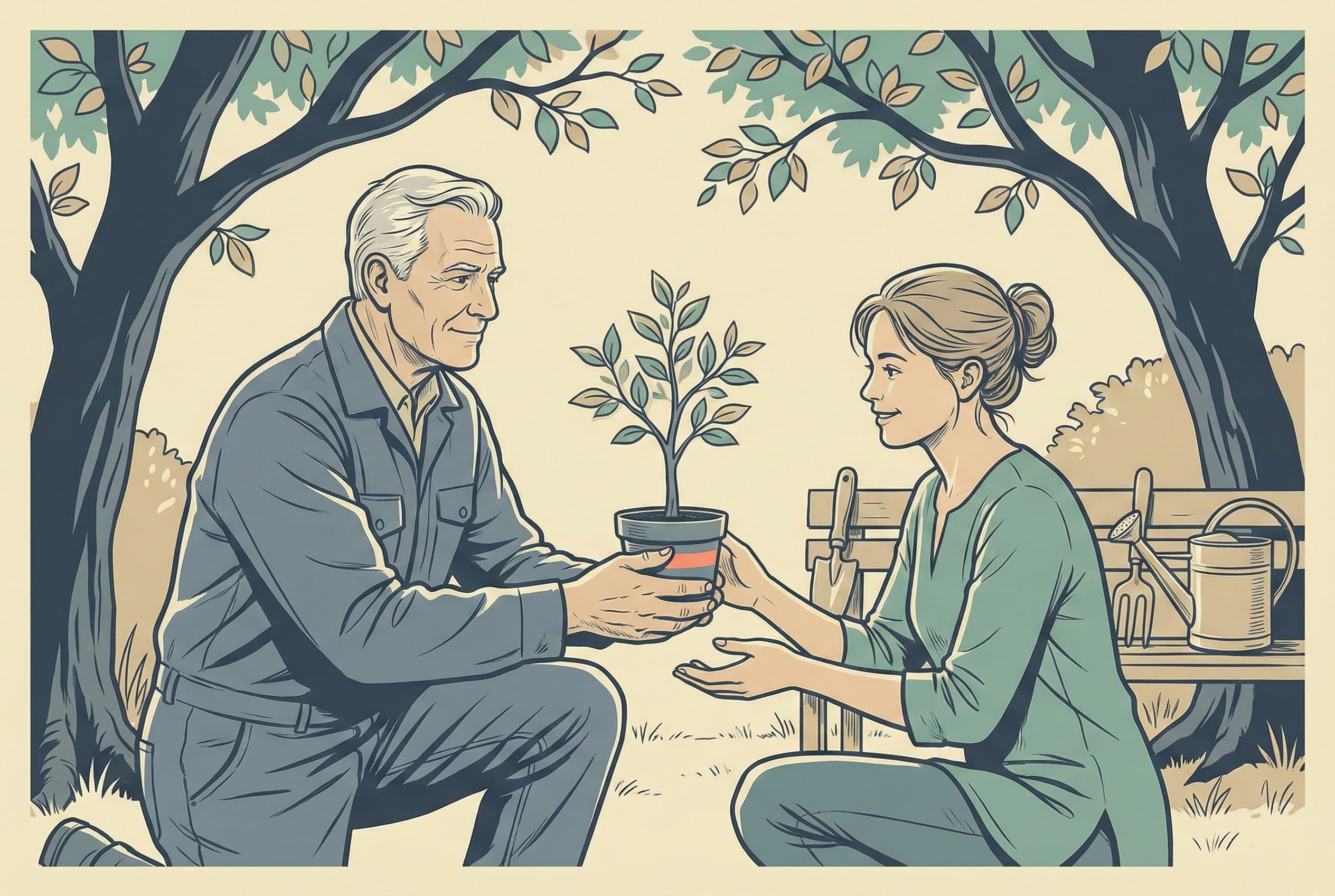 Peaceful neighborhood scene across time showing continuity of life and connection