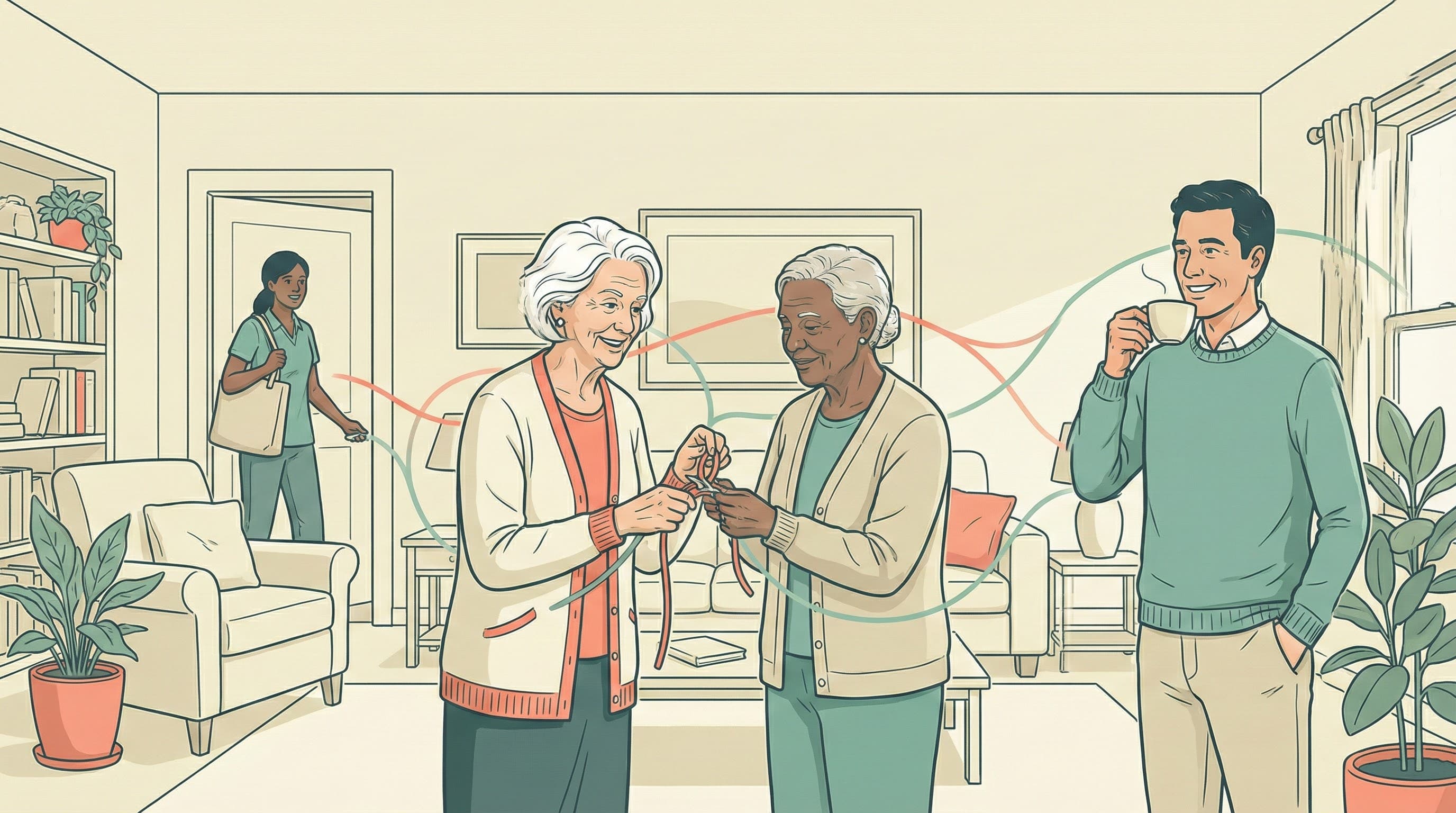 Trusted neighbor and community member helping an older adult, showing warm connection within a trusted circle