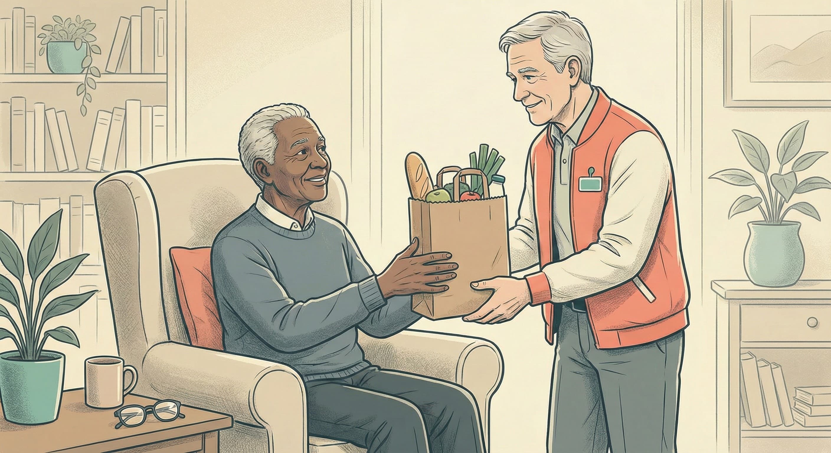 A trusted helper supporting an older adult in a calm home setting