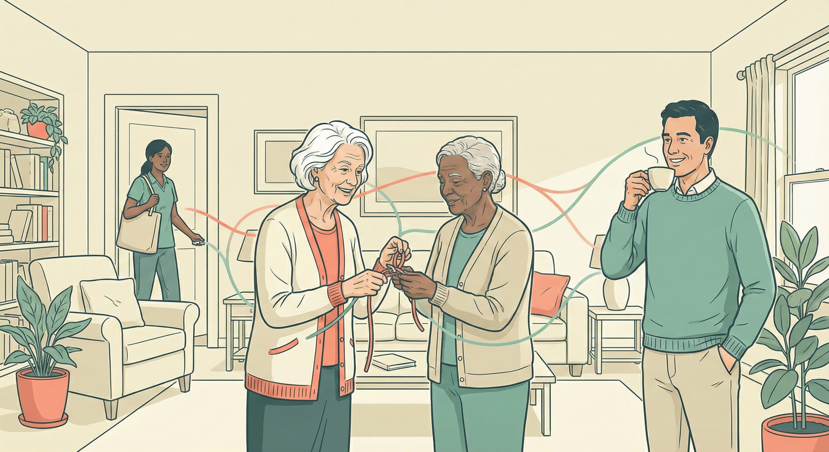 Illustration showing the reciprocity loop of elders helping elders, creating mutual support and purpose
