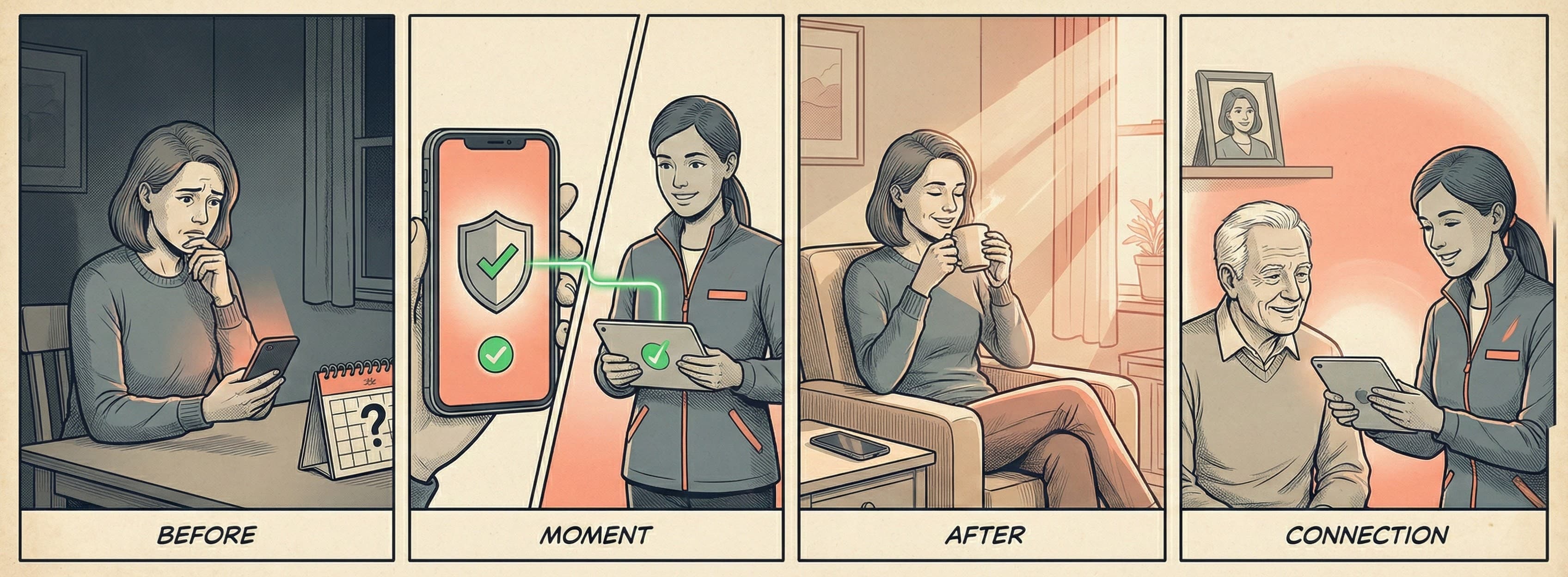 Comic strip illustrating safety, coordination, and connection