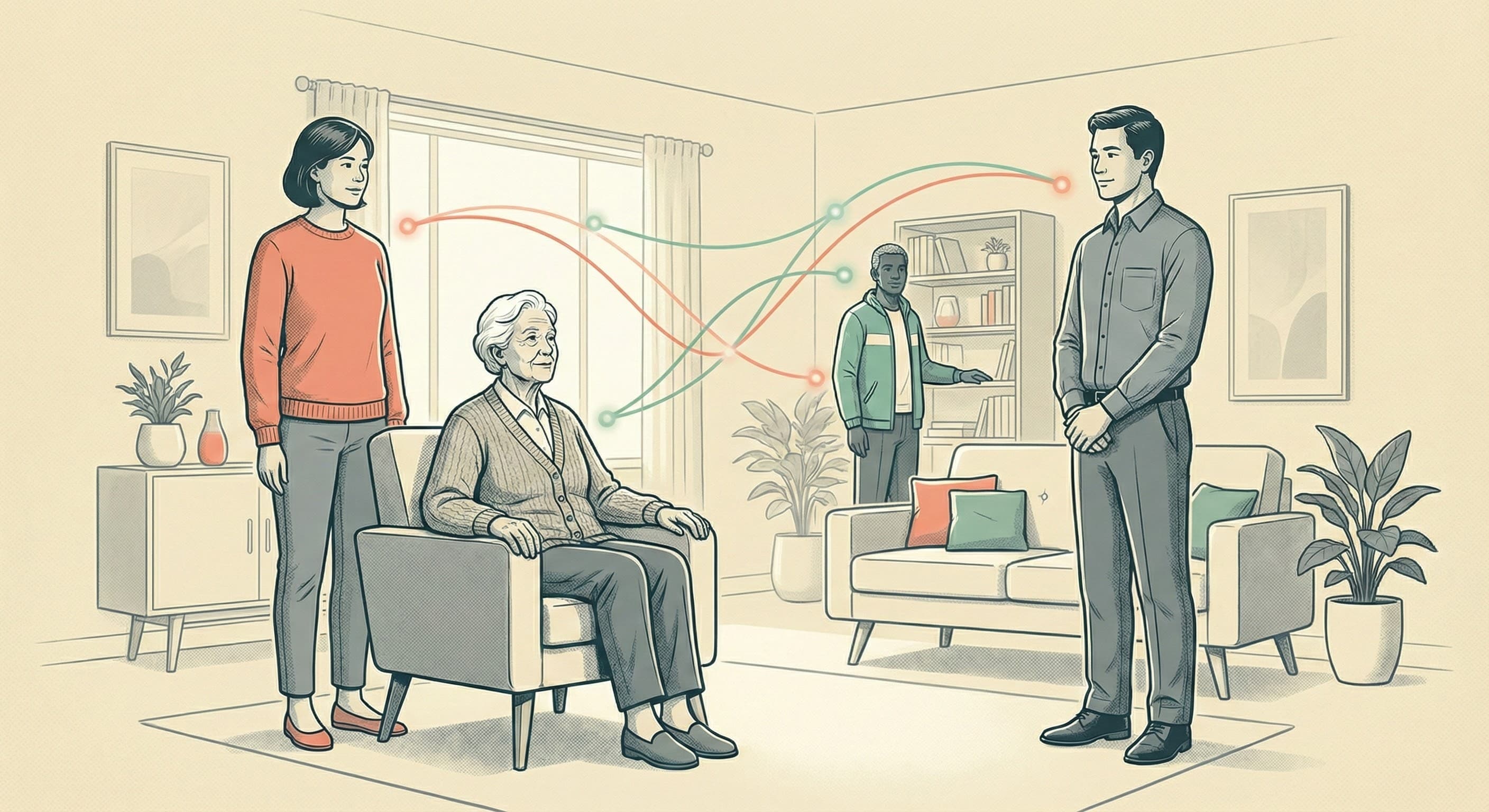 Trusted circle network illustration showing connections between family, helpers, and seniors