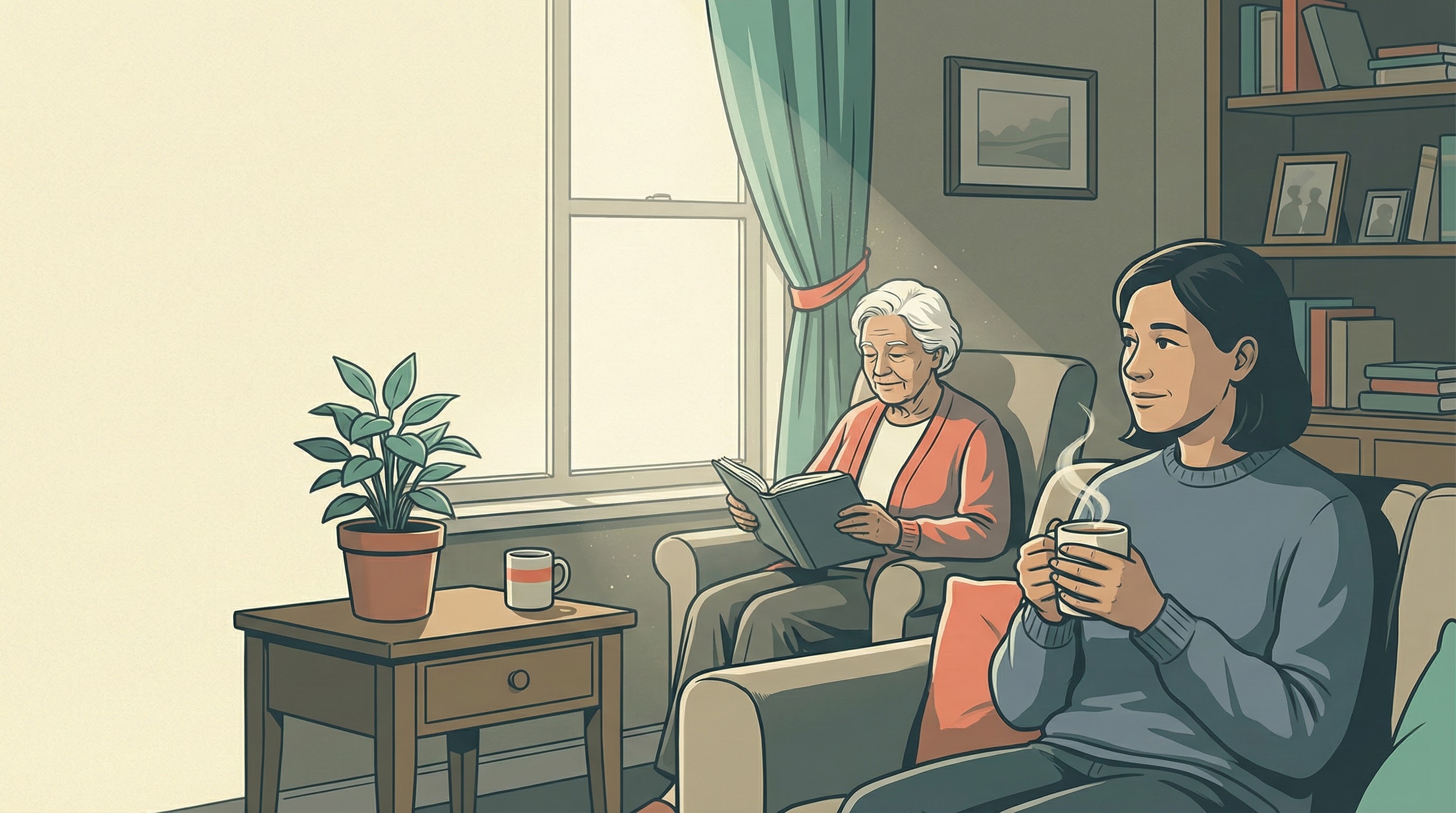 An adult child in a quiet reflective moment, showing care and concern for an aging parent